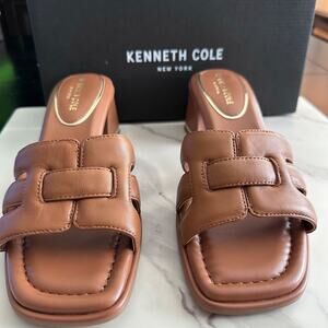 Kenneth Cole Women's Harper Slip On High Heel Sandals Sz 9.5 Cognac Leather $119